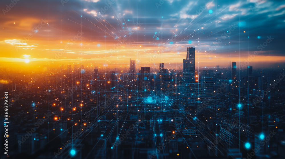 Obraz premium smart, digital, city, connection, network, reciprocity, Smart digital city with connection cyber security network reciprocity over the cityscape . future smart wireless digital city and social media n