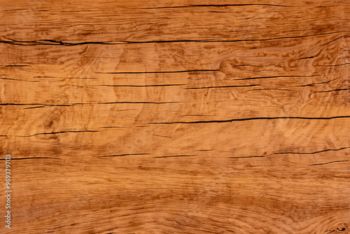 A close up of the grain of a weathered, cracked wood surface. The surface is light brown in color, with an orange hue.