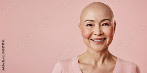 60-year-old bald woman feeling peaceful, promoting breast cancer awareness 