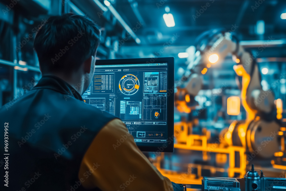 Engineer working on a computer to control and program robotic arms in a high-tech, automated smart factory environment with advanced machinery. Engineer working on a computer to control and program robotic arms in a high-tech, automated smart factory environment with advanced machinery.