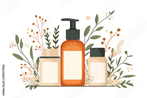 Organic cosmetics for women. Various bottles, tubes and jars for skincare. Female cosmetics: gels, lotions and creams for body care. Concept of natural products. Flat vector illustration