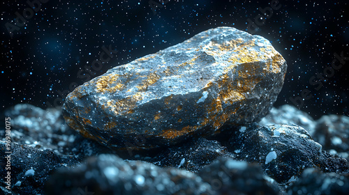 3D Illustration of a Blue and Gold Rock in a Dark Environment