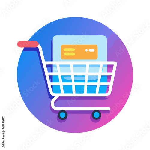 A shopping cart with a credit card inside, e-commerce and online shopping concept