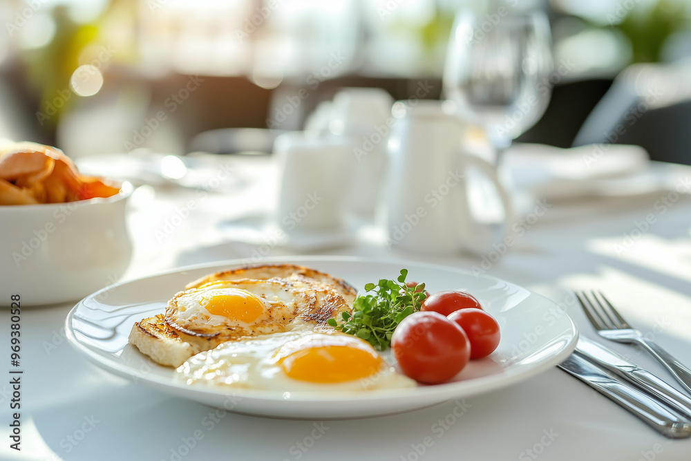 A full English breakfast featuring eggs, sausages, baked beans, grilled tomatoes, and toast. The meal is set on a pristine white plate