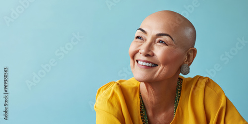 81-year-old bald woman feeling at ease, supporting breast cancer awareness
 photo