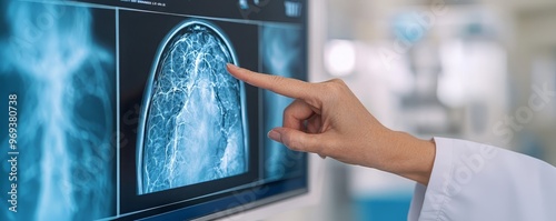 A healthcare professional examines a mammogram image on a digital screen, focusing on areas of concern for patient diagnosis.