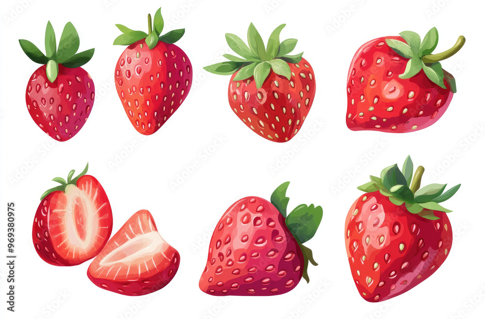 A Series of Ripe Strawberries with Seeds in Various Positions for a Fresh Fruit Display A Series of Ripe Strawberries with Seeds in Various Positions for a Fresh Fruit Display