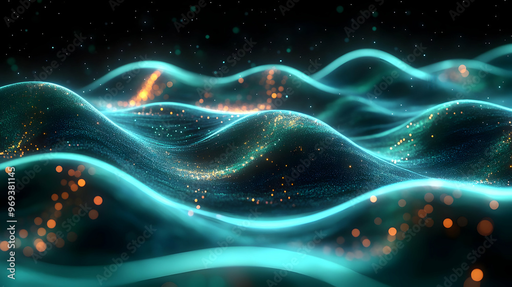 A digital representation of flowing waves with glowing particles and a cosmic feel. A digital representation of flowing waves with glowing particles and a cosmic feel.