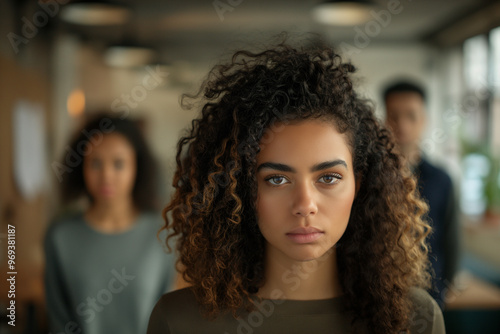 A strong businesswoman standing office and blurred group of employees looking, laughing at her. bullying workplace, management conflict, gossiping, Gender Inequality concepts.	 photo