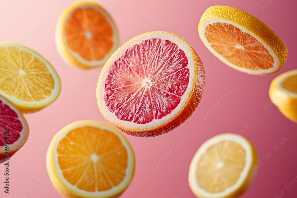 Fresh Citrus Delight: Colorful Slices on Pink Canvas Fresh Citrus Delight: Colorful Slices on Pink Canvas