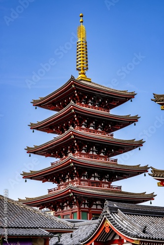 Ancient Sensoji Buddhist temple in Asakusa, Tokyo, Japan with temple and pagoda in view.
