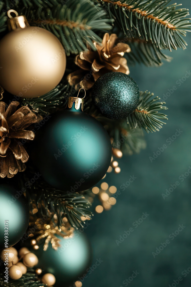 Green and Golden Christmas ornaments and pine cones on a festive background. Green and Golden Christmas ornaments and pine cones on a festive background.