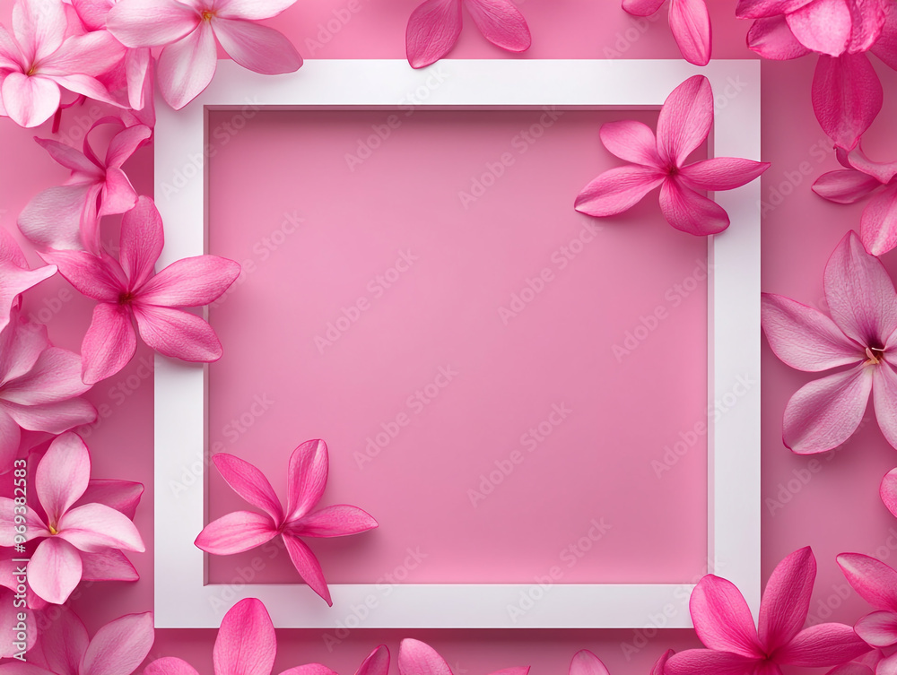 A white frame with pink flowers surrounding it. The frame is empty, but the flowers are arranged in a way that creates a sense of balance and harmony A white frame with pink flowers surrounding it. The frame is empty, but the flowers are arranged in a way that creates a sense of balance and harmony