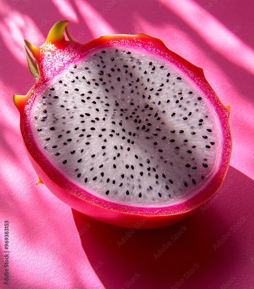 Close-up of a piece of dragon fruit, highlighting the white flesh with black seeds, studio setting, soft and natural lighting, top-down angle, detailed photography style, high quality, grainy Close-up of a piece of dragon fruit, highlighting the white flesh with black seeds, studio setting, soft and natural lighting, top-down angle, detailed photography style, high quality, grainy