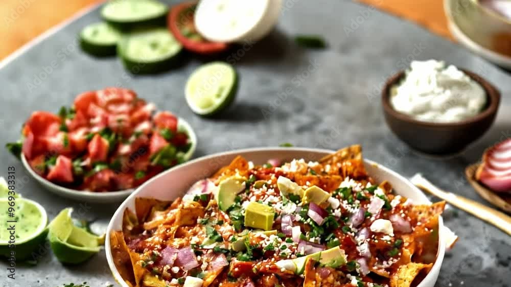Chilaquiles, Mexican nachos with tomato salsa on a plate. 4k video footage Chilaquiles, Mexican nachos with tomato salsa on a plate. 4k video footage