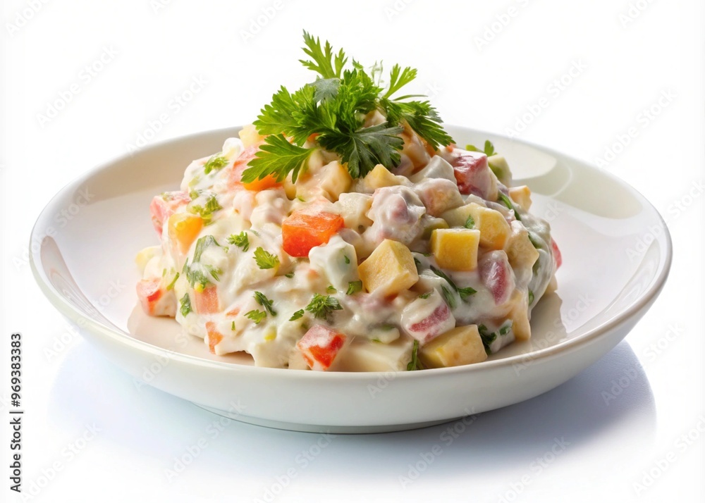 Fresh Russian garden salad with mixed greens and vinaigrette, isolated on white background Fresh Russian garden salad with mixed greens and vinaigrette, isolated on white background