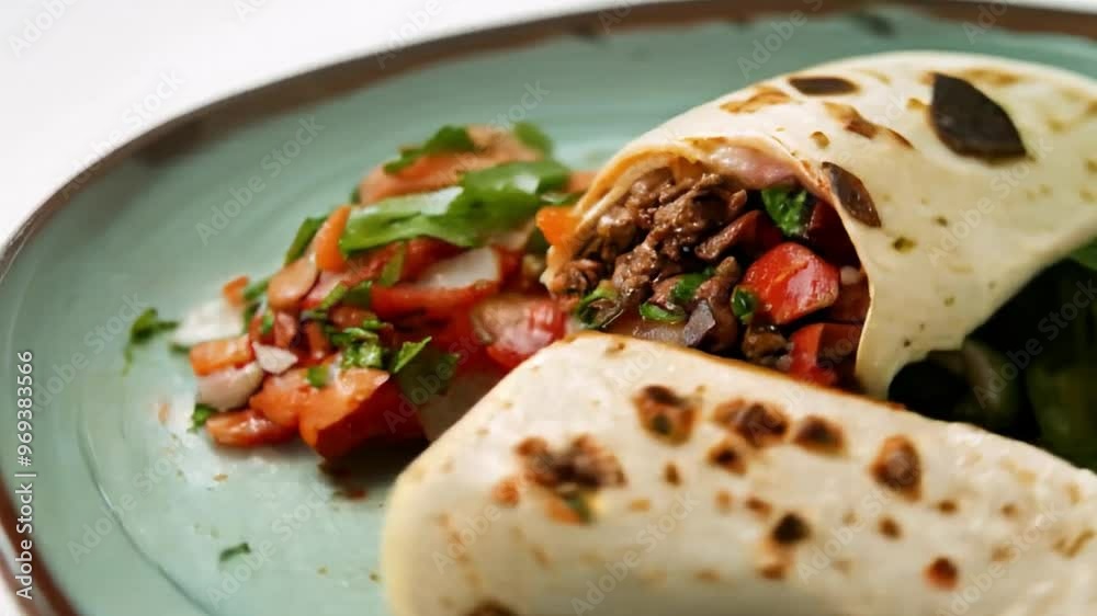 Mexican beef steak burritos with salsa. 4k video footage Mexican beef steak burritos with salsa. 4k video footage