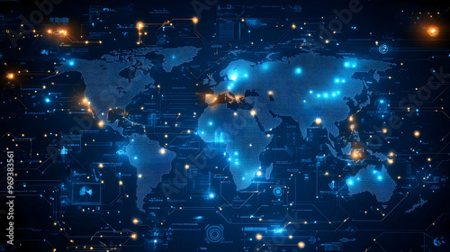 A digital world map displaying interconnected data points and technology graphics.