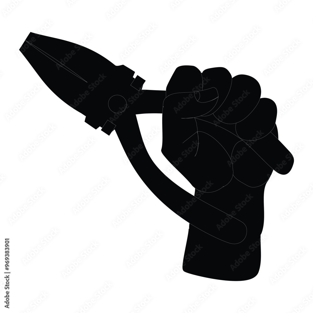 Obraz premium Hand hold Pliers silhouette vector icon, The worker holds the pliers in hands, black icon. Human hands holding pairs of pliers. The builder is holding a working tool.