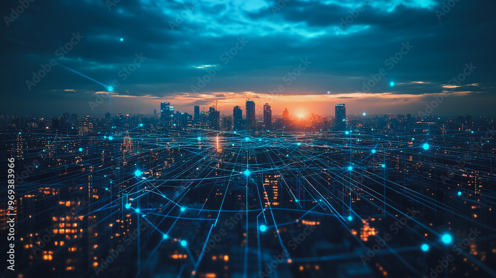 Naklejka premium Smart digital city with connection cyber security network reciprocity over the cityscape . future smart wireless digital city and social media networking systems that connects people within the city
