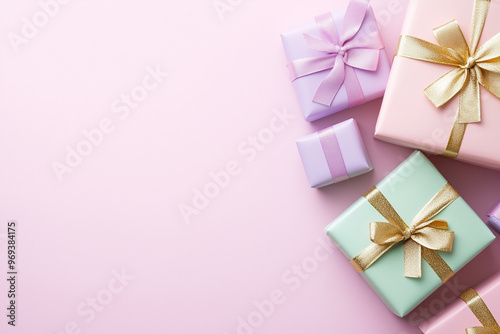 A set of bright colorful gift boxes with a luxurious gold satin ribbon perfect for a soft celebratory theme for christmas, birthday,