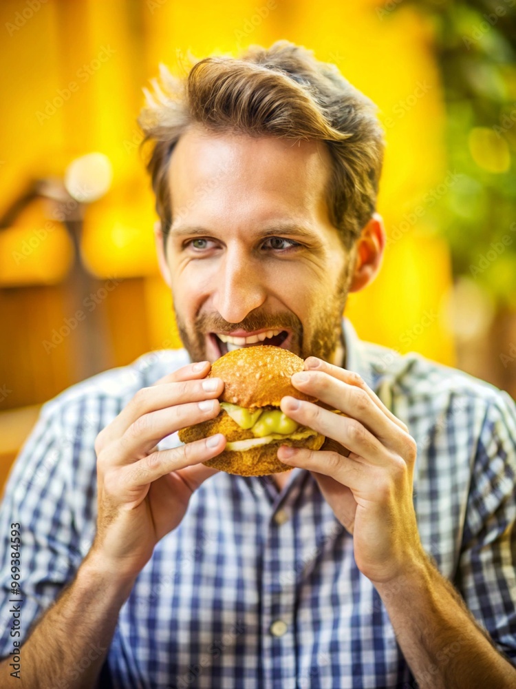 professional photograph of a man eating a Chicken burger professional photograph of a man eating a Chicken burger