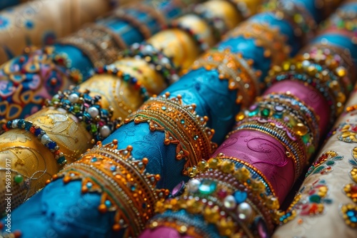 Colorful hand-embroidered fabric rolls displayed at a local market in the afternoon sunlight, showcasing intricate designs and vibrant hues