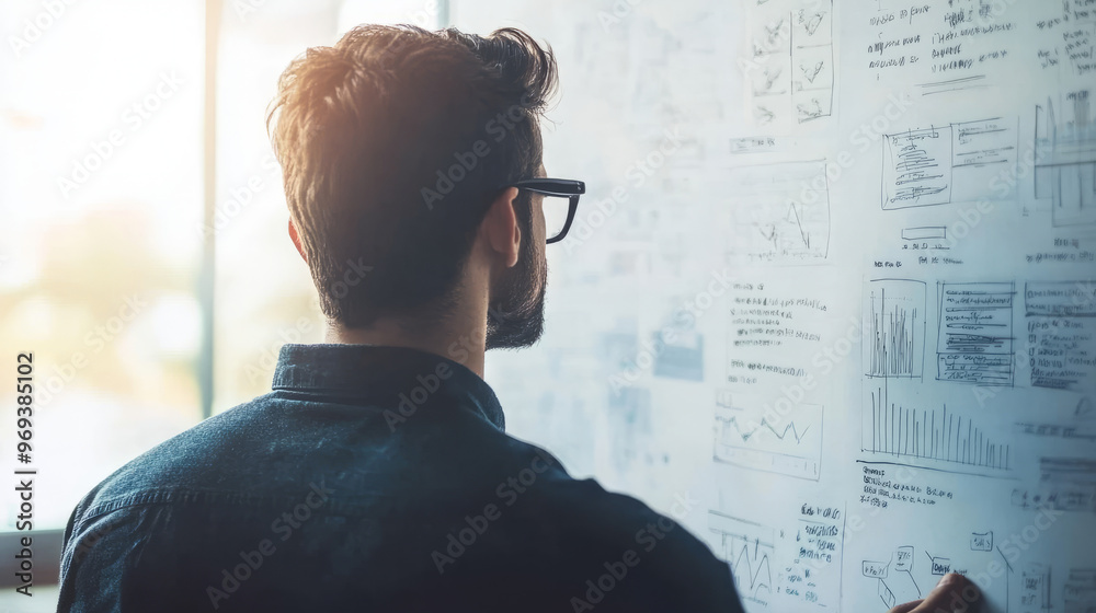 A digital marketing strategist mapping out future trends on a whiteboard in a tech-savvy office A digital marketing strategist mapping out future trends on a whiteboard in a tech-savvy office