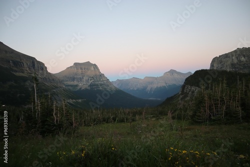 Scenic view of Logan's Pass at the Continental Divide in Glacier National Park, Montana photo