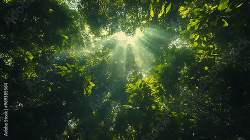 A dense canopy of vibrant green trees in the Amazon rainforest, with sunlight filtering through the leaves 