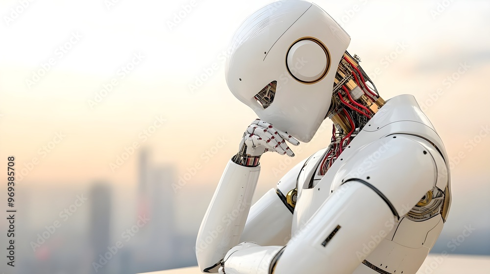 A contemplative robot with intricate details, resting against a serene backdrop, symbolizing technology and introspection. A contemplative robot with intricate details, resting against a serene backdrop, symbolizing technology and introspection.