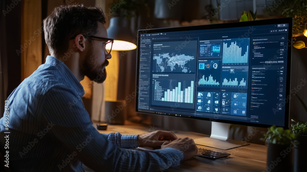 A marketer optimizing social media campaigns on a desktop with various platforms open on screen A marketer optimizing social media campaigns on a desktop with various platforms open on screen
