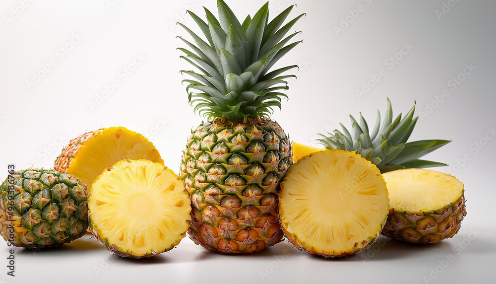 Whole pineapple isolated on a white background, highlighting its vibrant green crown and textured yellow skin.
Whole pineapple isolated on a white background, highlighting its vibrant green crown and textured yellow skin.
