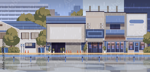 Rain in modern Asian street. Bad weather in town vector flat illustration