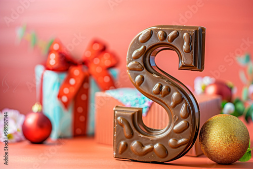 Traditional dutch chocolate latter S for Sinterklaas day on gray background. Kids treats. Celebration concept for children party in Saint Nicolas day five december. Copy space, top view photo