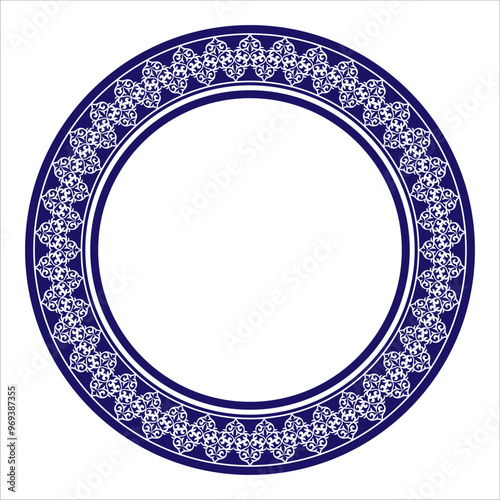 Blue white round traditional ethnic ornament frame. Traditional ornament of middle Asia, frame, border for sandblastings, decoration of clothes, felt, yurts, embroidery