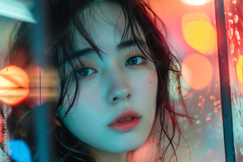 Close up portrait of asian woman with wet hair, highlighted by dramatic lighting and vibrant colors, evoking an emotional and intense atmosphere Close up portrait of asian woman with wet hair, highlighted by dramatic lighting and vibrant colors, evoking an emotional and intense atmosphere