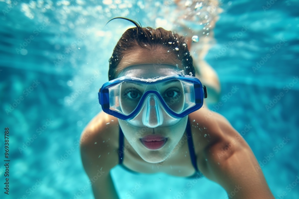 Naklejka premium Close up woman swimmer portrait wearing goggles swims underwater in pool, capturing clarity and calmness of aquatic environment, representing beauty and fluidity of movement