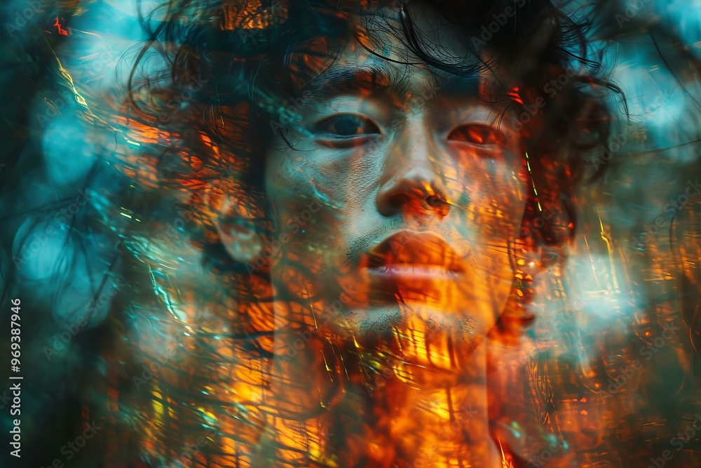 Close up portrait of asian man with vibrant neon lights, creating dramatic and ethereal atmosphere with colorful reflections, essence of urban nightlife, creative lighting photography Close up portrait of asian man with vibrant neon lights, creating dramatic and ethereal atmosphere with colorful reflections, essence of urban nightlife, creative lighting photography