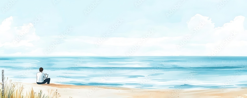 Fototapeta premium A serene beach scene with a businessperson contemplating financial planning, with the ocean depicted in soothing watercolor
