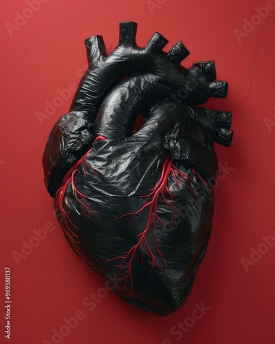 Black heart sculpture with red veins on vibrant red background, symbolises insensitivity to relationships and callousness of human feelings photo