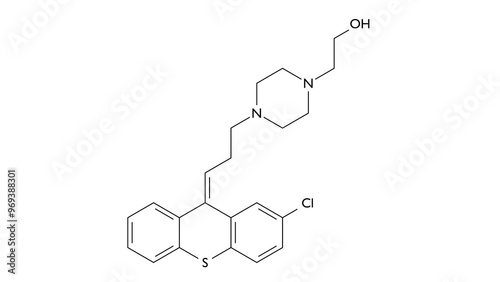 zuclopenthixol molecule, structural chemical formula, ball-and-stick model, isolated image typical antipsychotic photo