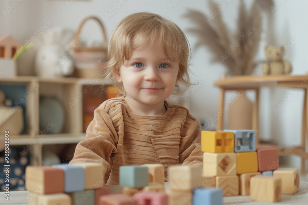 Smiling toddler playing with wooden building blocks in a cozy playroom Smiling toddler playing with wooden building blocks in a cozy playroom