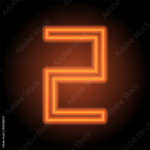 Number two, numeral simple icon vector. Flat design. Orange neon on black background