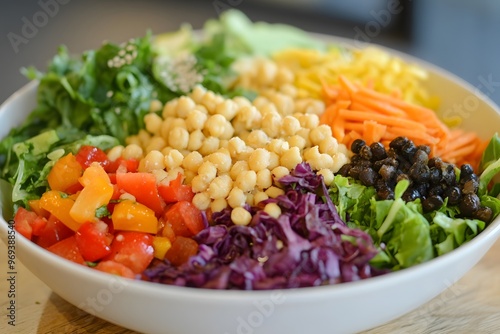 A bowl of colorful salad greens topped with a variety of vegetables and a protein source