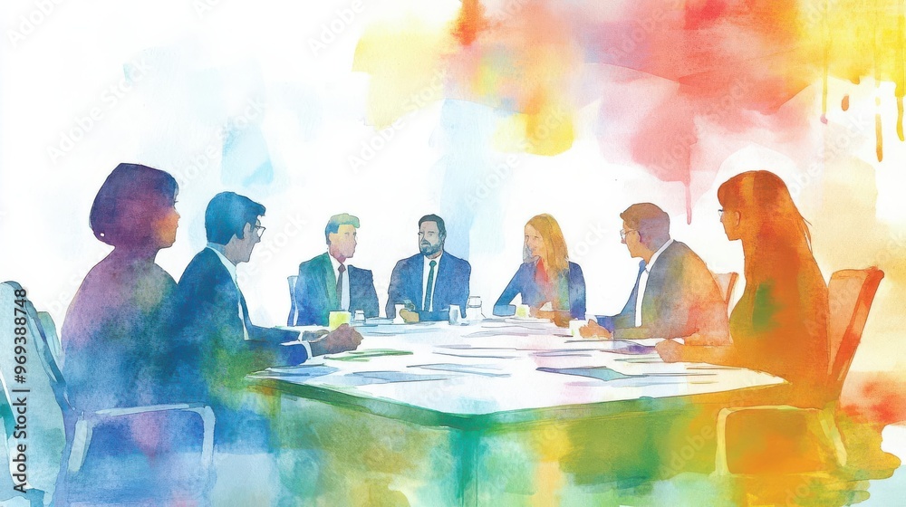A watercolor of a business meeting, where executives discuss a fiveyear financial plan, the colors flowing in harmony A watercolor of a business meeting, where executives discuss a fiveyear financial plan, the colors flowing in harmony