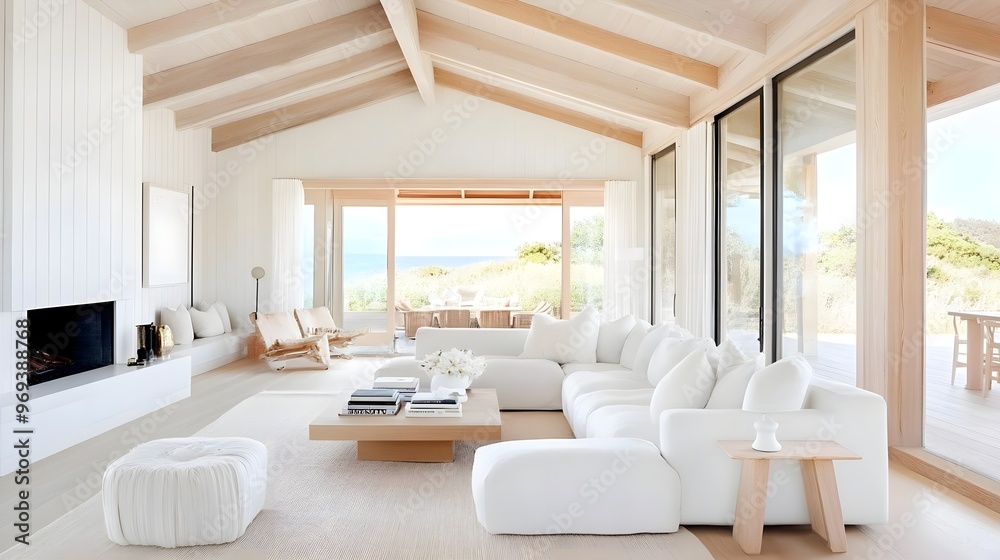 Fototapeta premium Bright and airy modern living room with white furniture, large windows, and minimalistic decor, offering a serene coastal view.