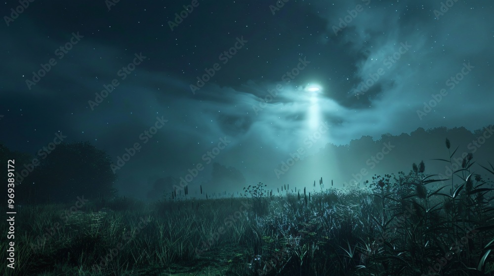 A UFO with Beam LIght at Night With Bright Stars A UFO with Beam LIght at Night With Bright Stars