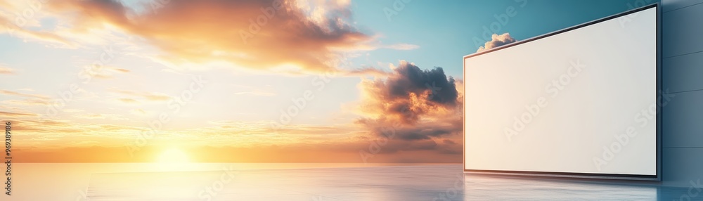 Fototapeta premium A scenic sunset view with a blank billboard, perfect for advertising or promotional content. Serene landscape and vibrant sky.