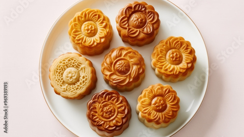 Chinese mooncakes.  Mid Autumn celebration, Happy Chinese translation Mid Autumn festival. photo